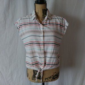Weatherproof Vintage Linen Collar Button Down Top Tie Front Multi Stripe Small